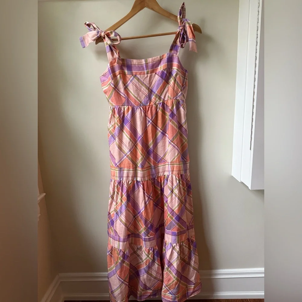 KACHEL Anthropologie Tie‎ Stripe Linen Maxi Dress Tiered Coquette Cottagecore M